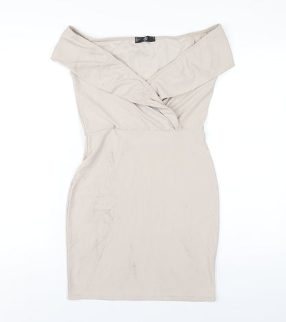 Additional front view of Missguided women’s beige polyester bodycon, size UK 10, off the shoulder pullover