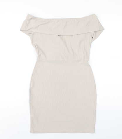 Back view of Missguided women’s beige polyester bodycon, size UK 10, off the shoulder pullover