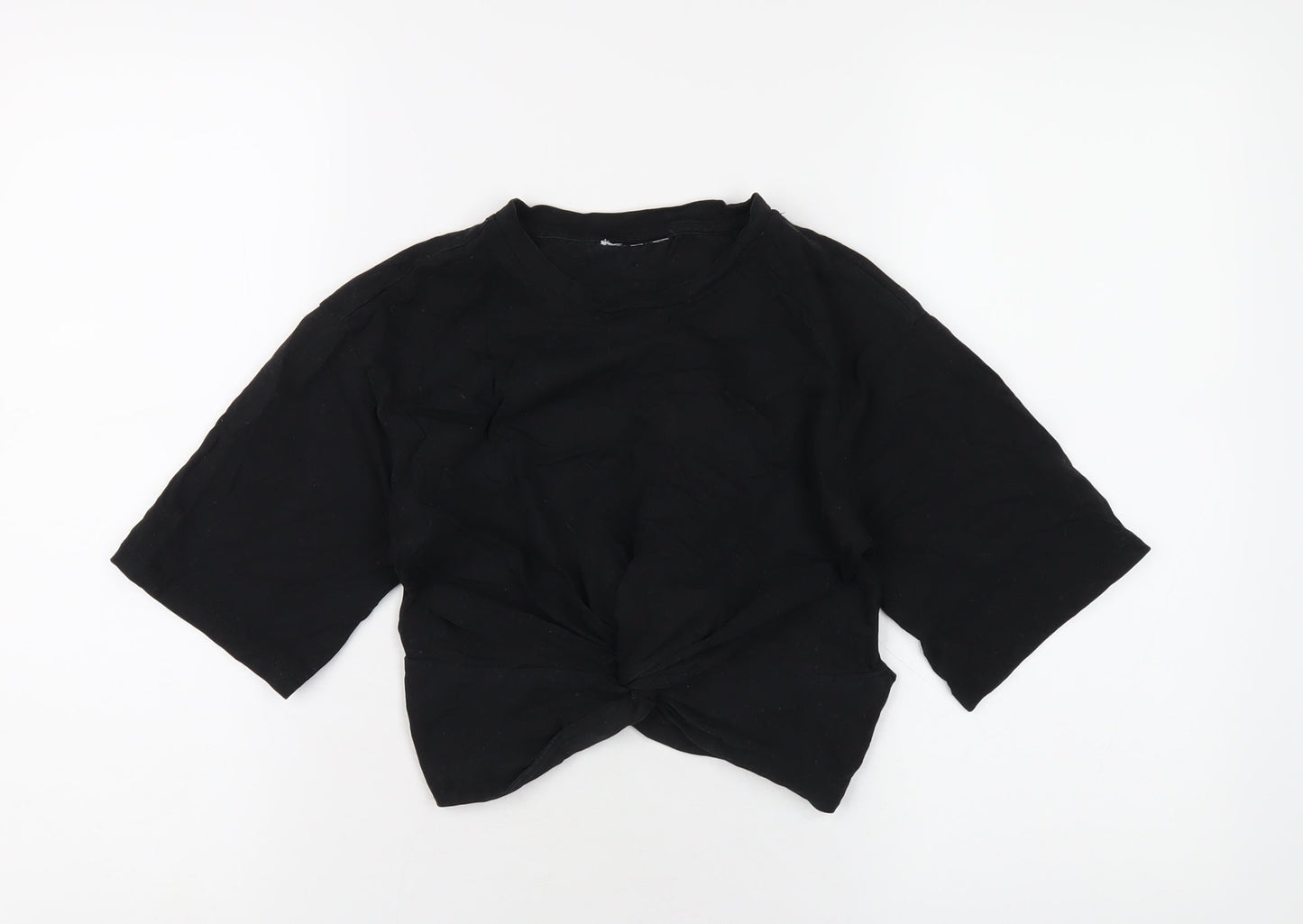 Topshop Womens Black Cotton Cropped T-Shirt Size 8 Round Neck