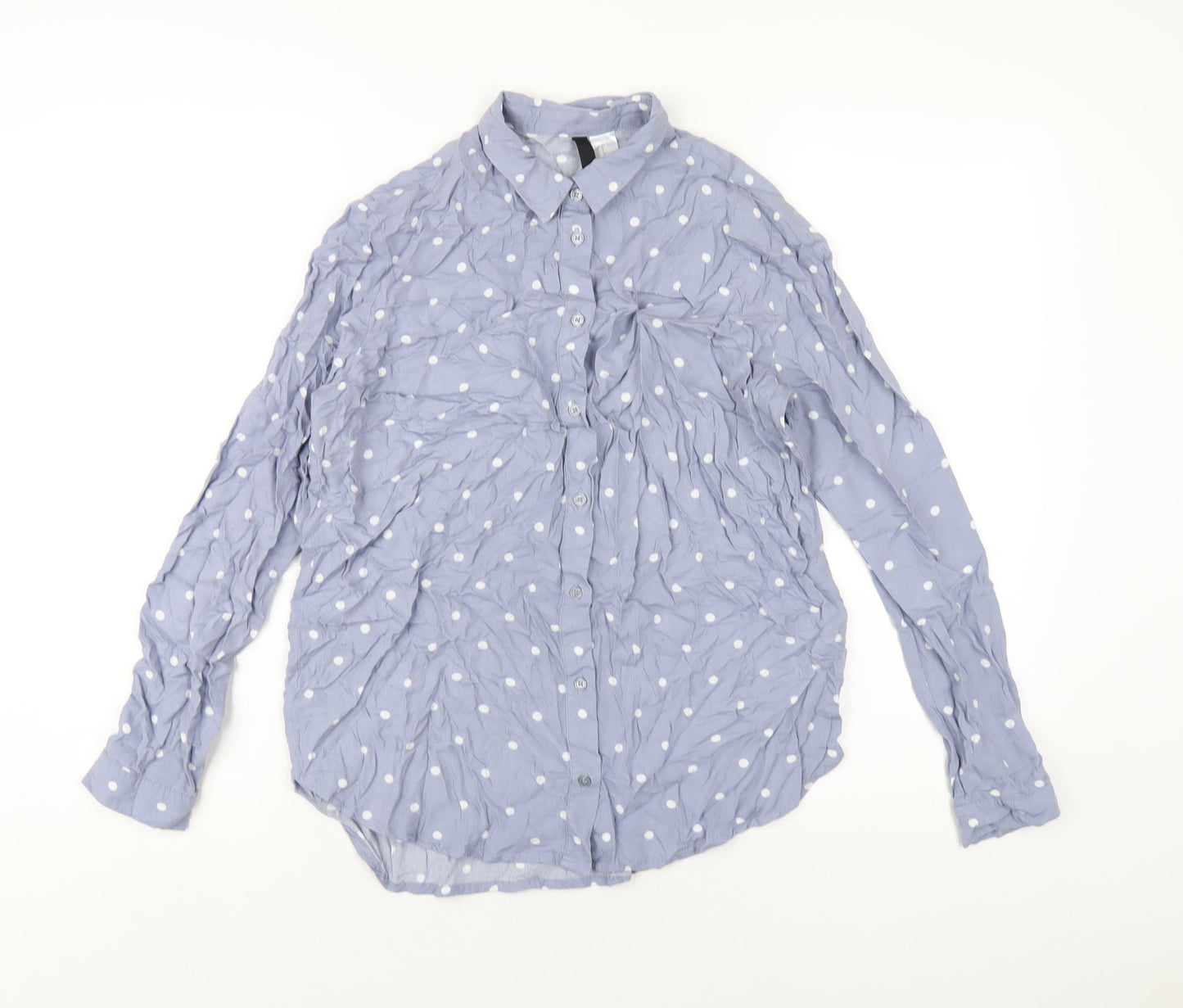 H&M Womens Blue Polka Dot Viscose Basic Button-Up Size 8 Collared