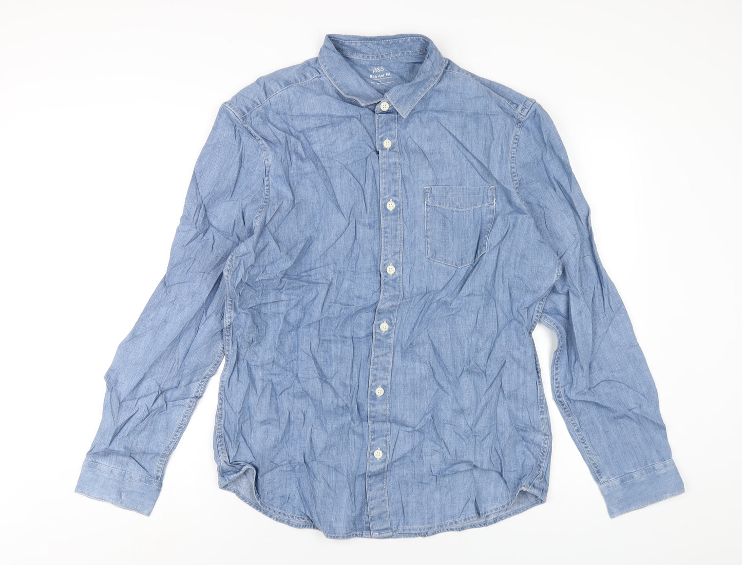 Marks and Spencer Mens Blue Cotton Button-Up Size L Collared Button