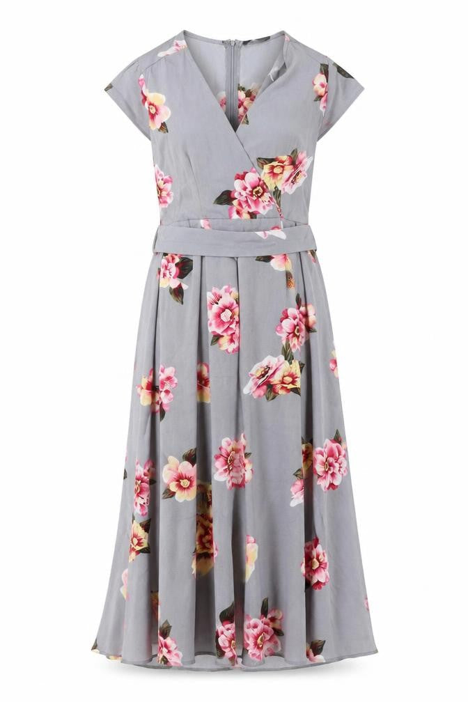 AX Paris Womens Grey Floral Polyester A-Line Size 8 V-Neck Zip