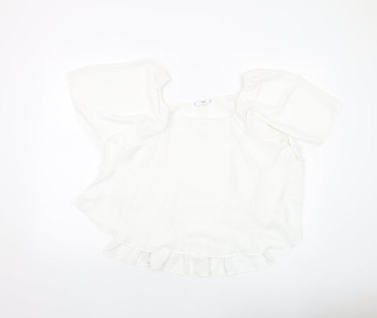 Mangoi Womens White Polyester Basic Blouse Size M Round Neck