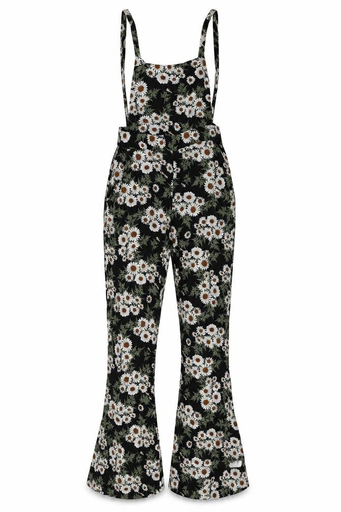 Nasty Gal Womens Black Floral Viscose Dungaree One-Piece Size 6 Button