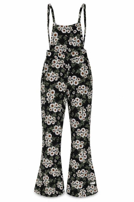 Nasty Gal Womens Black Floral Viscose Dungaree One-Piece Size 6 Button