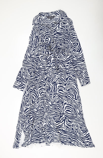 Sonsandar Womens Blue Animal Print Viscose A-Line Size 10 Collared Button