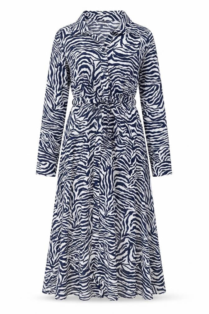 Sosadar Womens Blue Animal Print Viscose A-Line Size 10 Collared Button