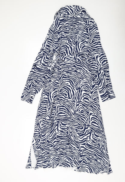 Sonsandar Womens Blue Animal Print Viscose A-Line Size 10 Collared Button