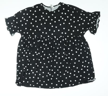 Additional front view of ASOS women’s black polka dot cotton shift, size UK 14, round neck pullover - smocked