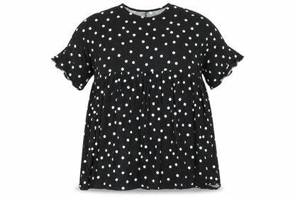 Front view of ASOS women’s black polka dot cotton shift, size UK 14, round neck pullover - smocked