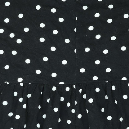 Brand and care label for ASOS women’s black polka dot cotton shift, size UK 14, round neck pullover - smocked