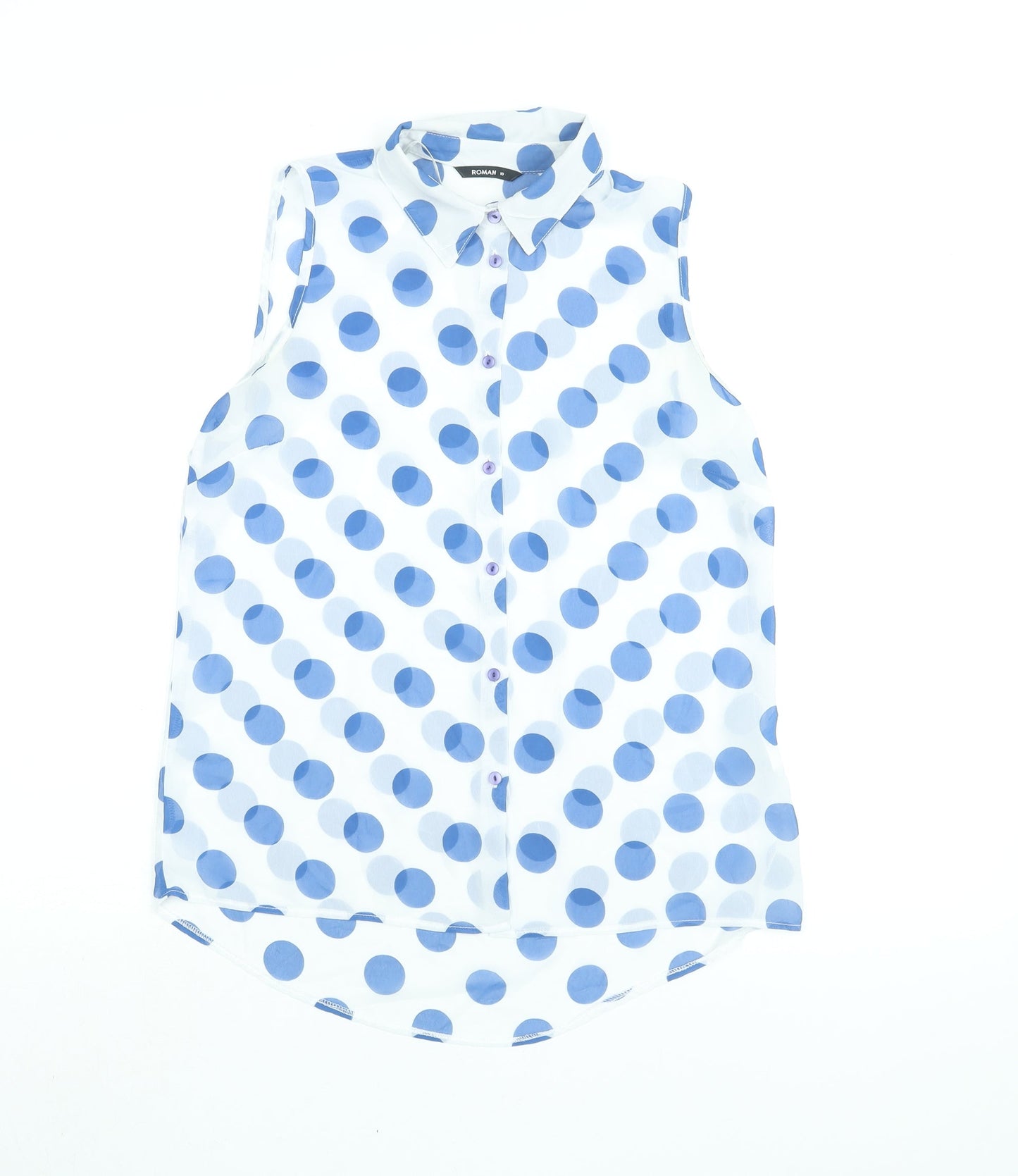 Roman Womens Blue Polka Dot Polyester Basic Blouse Size 10 Collared
