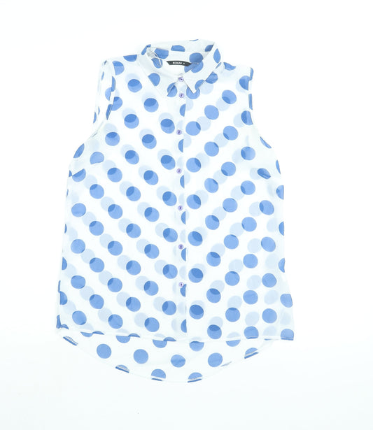 Roman Womens Blue Polka Dot Polyester Basic Blouse Size 10 Collared