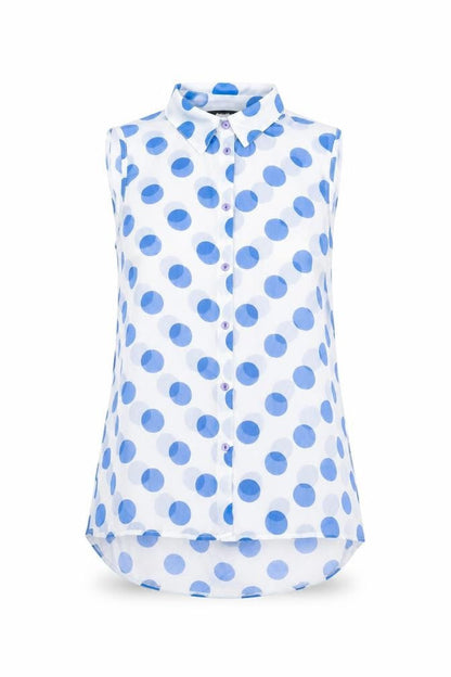 Front view of Roman women’s blue polka dot polyester basic blouse, size UK 10, collared