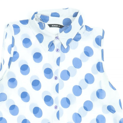 Close-up detail of Roman women’s blue polka dot polyester basic blouse, size UK 10, collared