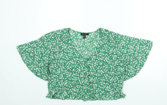 New Look Womens Green Floral Polyester Basic Blouse Size 16 V-Neck - Frill
