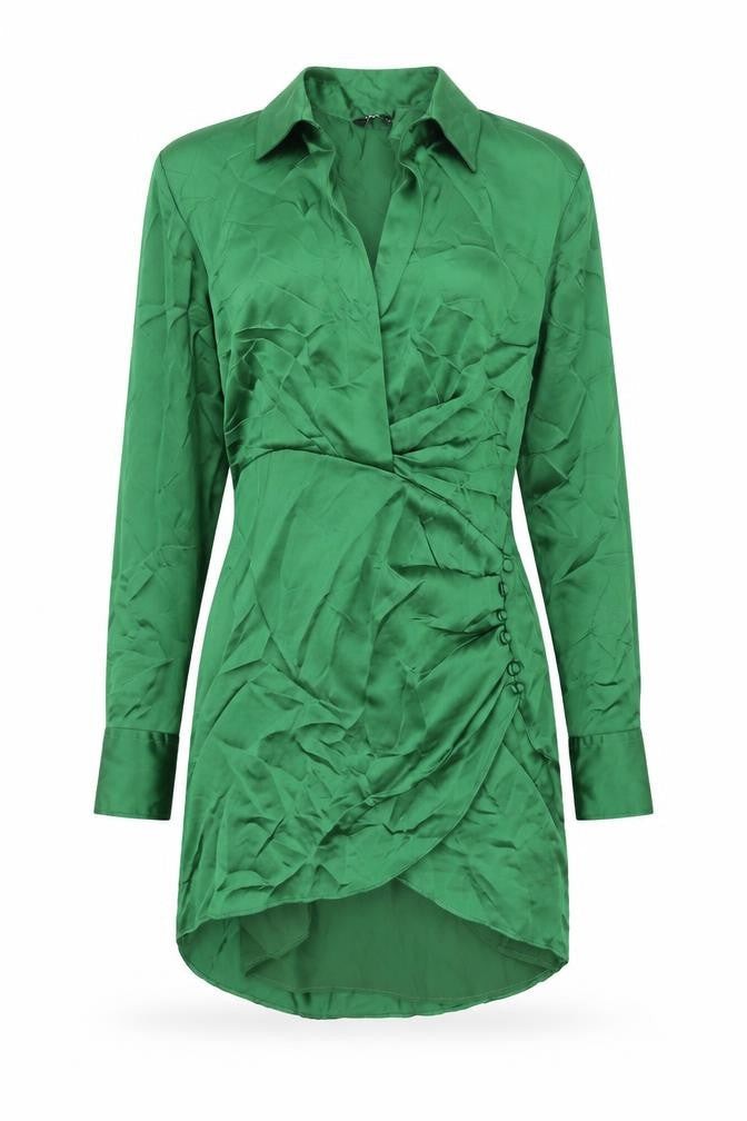 Zara Womens Green Polyester Shirt Dress Size S Collared Zip - Rouched Button