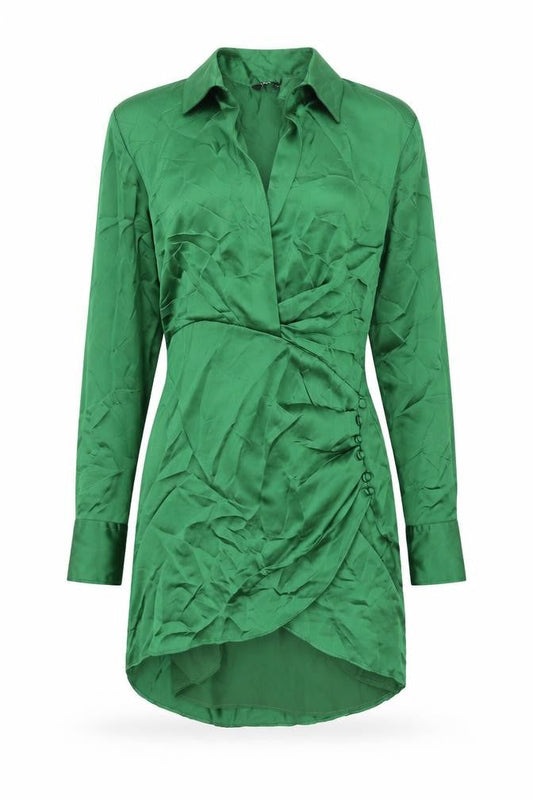 Zara Womens Green Polyester Shirt Dress Size S Collared Zip - Rouched Button