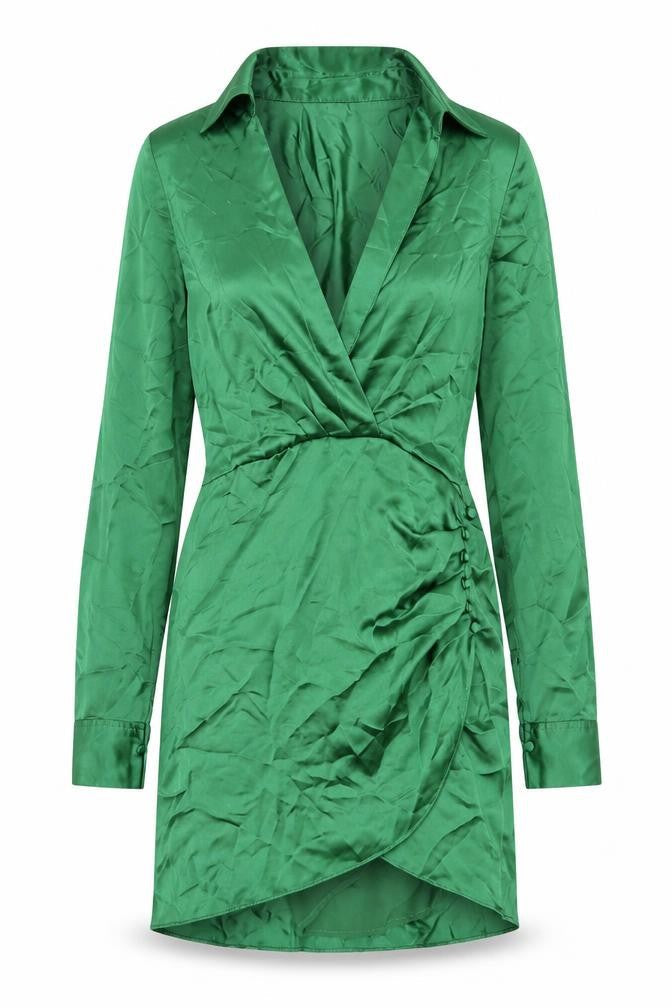 Zara Womens Green Polyester Shirt Dress Size S Collared Zip - Rouched Button