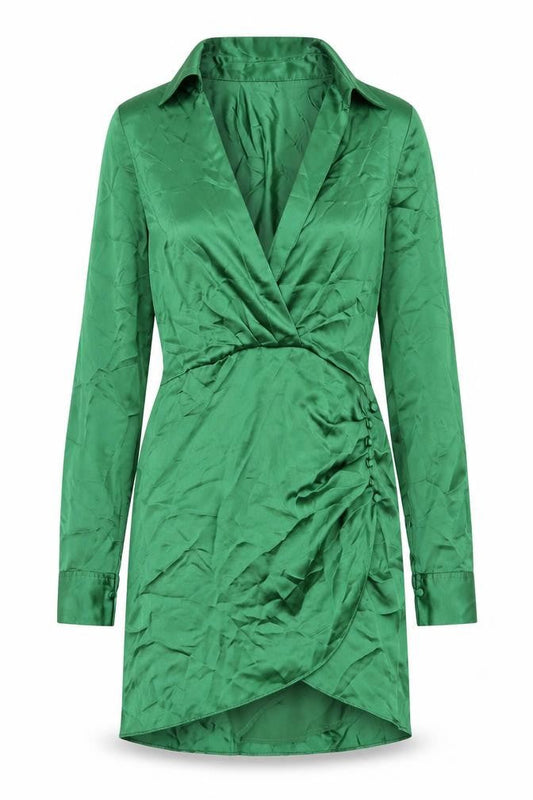Zara Womens Green Polyester Shirt Dress Size S Collared Zip - Rouched Button