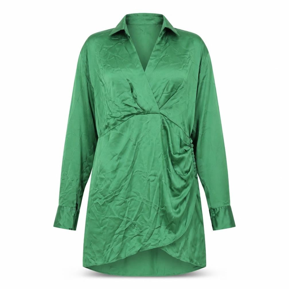 Zara Womens Green Polyester Shirt Dress Size XL Collared Zip - Rouched Button