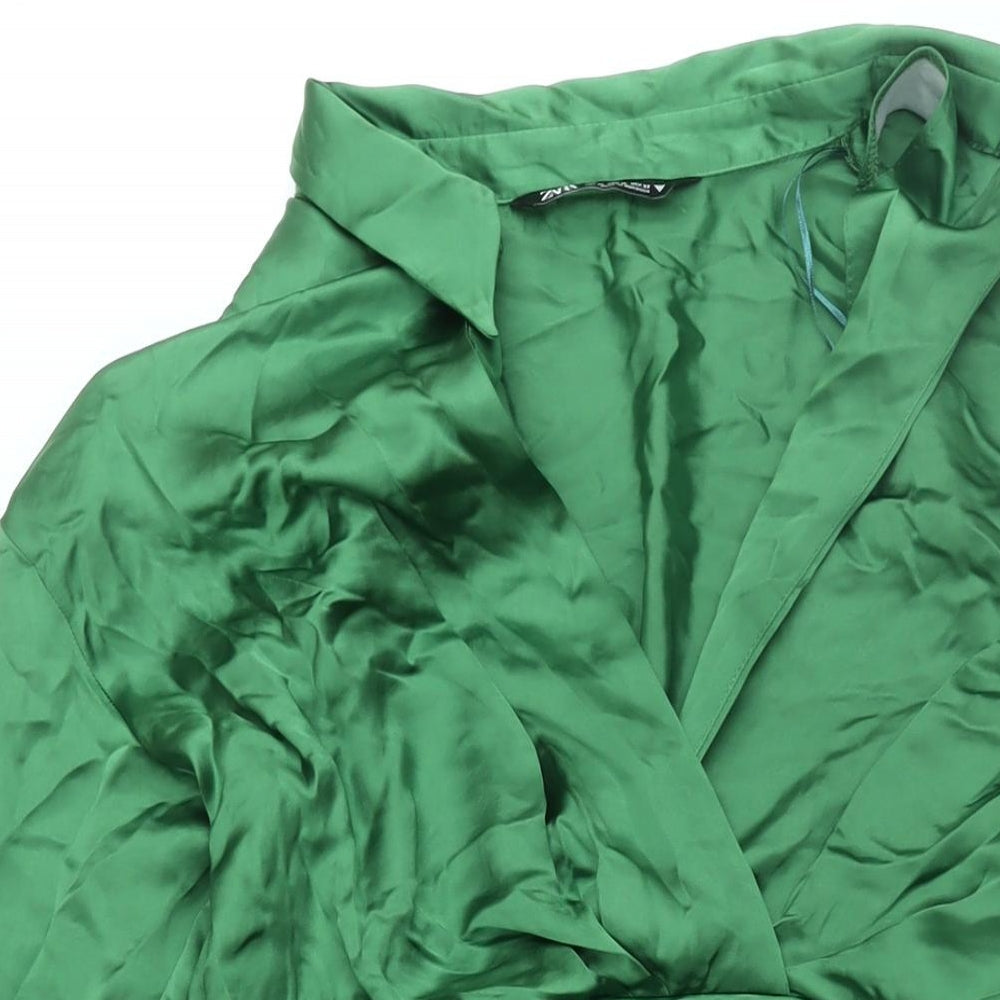 Zara Womens Green Polyester Shirt Dress Size XL Collared Zip - Rouched Button