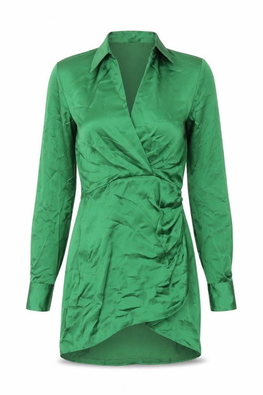 Zara Womens Green Polyester Shirt Dress Size XS Collared Zip - Rouched Button