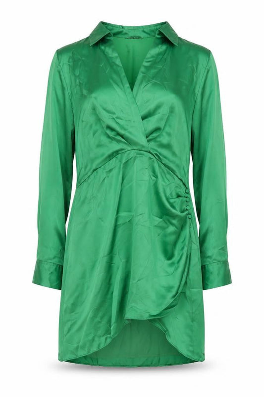 Zara Womens Green Polyester Shift Size XL Collared Zip - Rouched Button