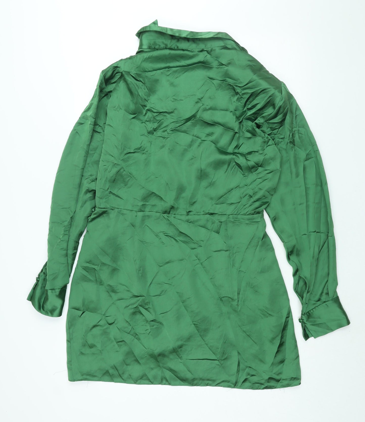 Zara Womens Green Polyester Shift Size XL Collared Zip - Rouched Button