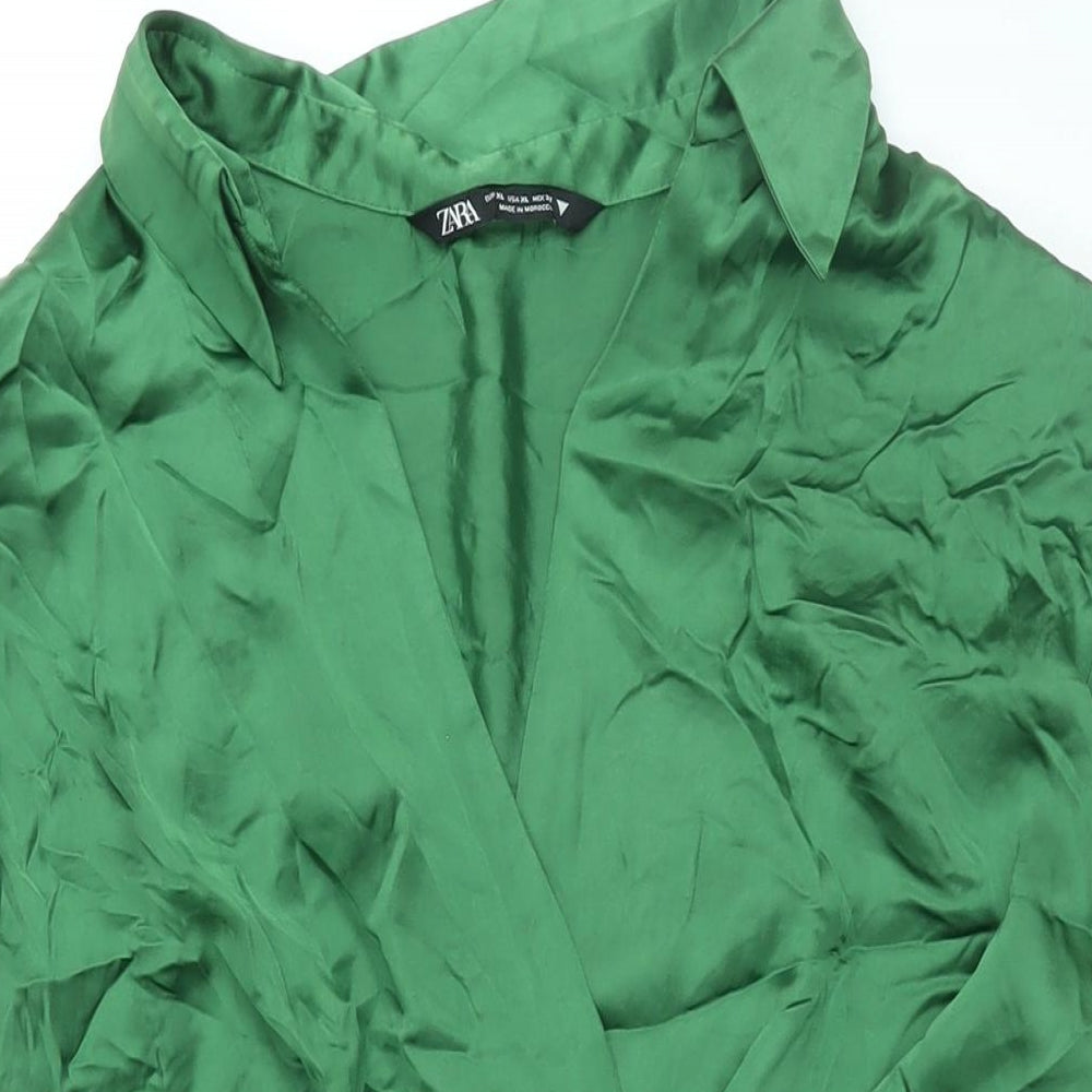Zara Womens Green Polyester Shift Size XL Collared Zip - Rouched Button