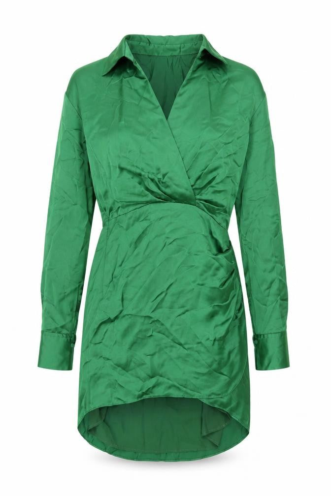 Zara Womens Green Polyester Shirt Dress Size S Collared Zip - Rouched Button