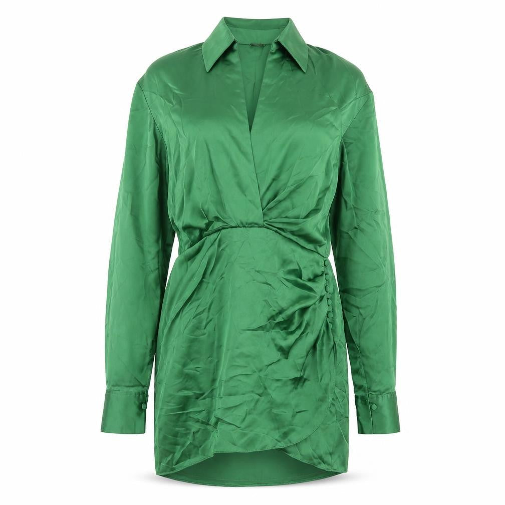 Zara Womens Green Polyester Shirt Dress Size M Collared Zip - Rouched Button
