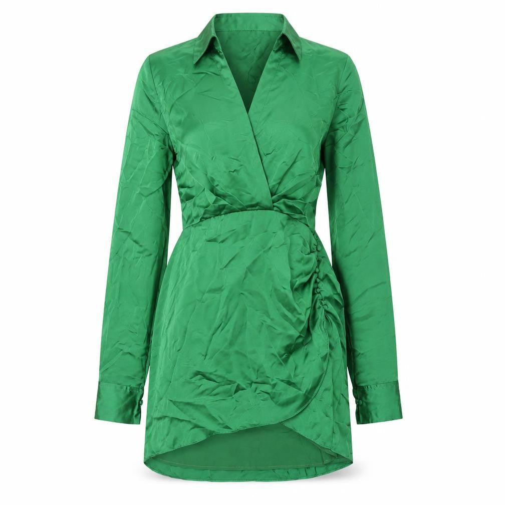 Zara Womens Green Polyester Shirt Dress Size L Collared Zip - Rouched Button