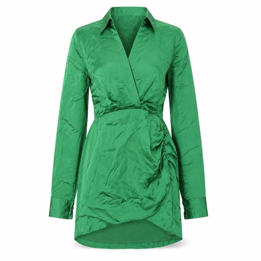 Zara Womens Green Polyester Shirt Dress Size L Collared Zip - Rouched Button