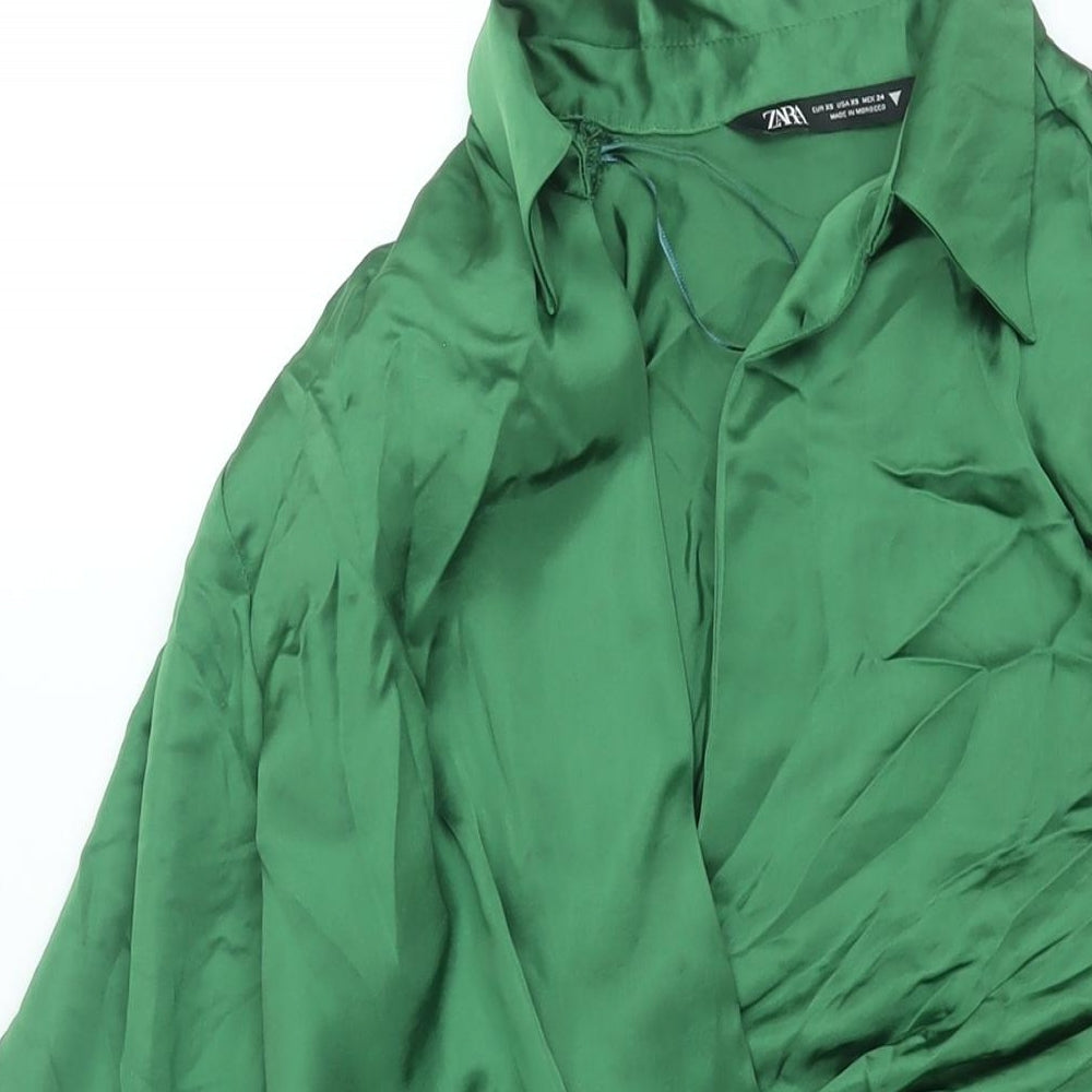 Zara Womens Green Polyester Shirt Dress Size XS Collared Zip - Rouched Button