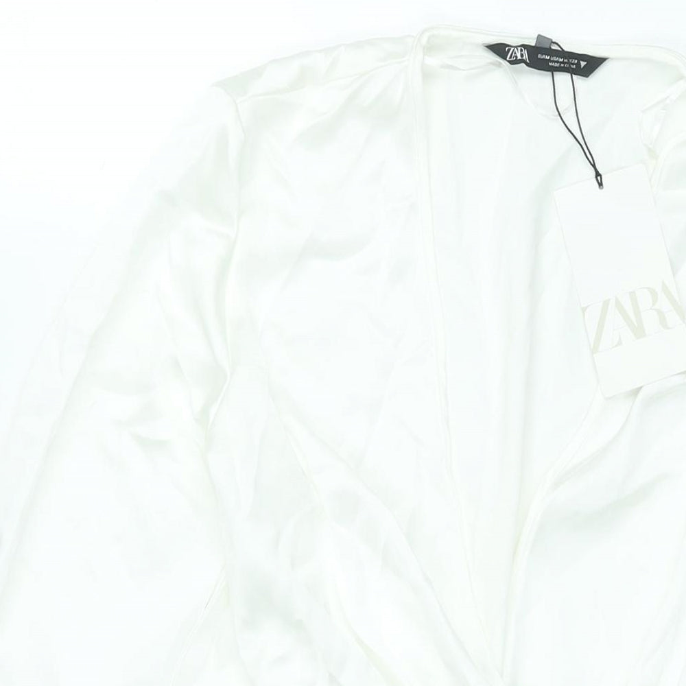 Zara Womens White Polyester Shift Size M V-Neck Zip - Rouched