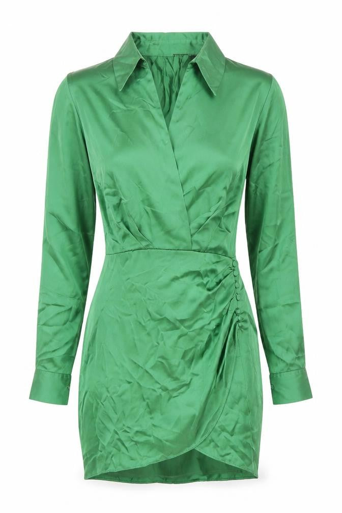 Zara Womens Green Polyester Shirt Dress Size S Collared Zip - Rouched Button