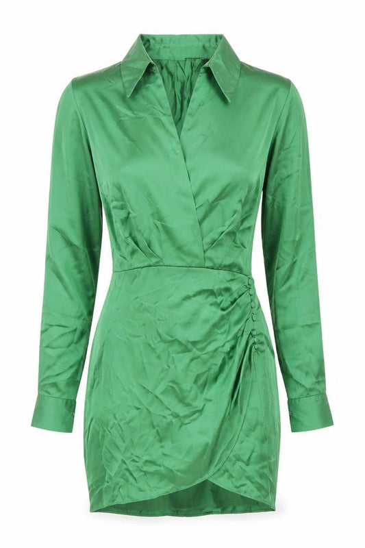 Zara Womens Green Polyester Shirt Dress Size S Collared Zip - Rouched Button