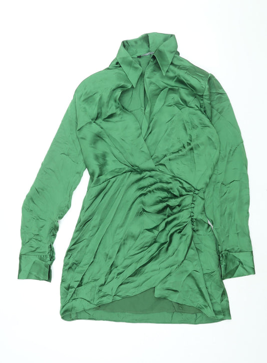 Zara Womens Green Polyester Shirt Dress Size M Collared Zip - Rouched Button