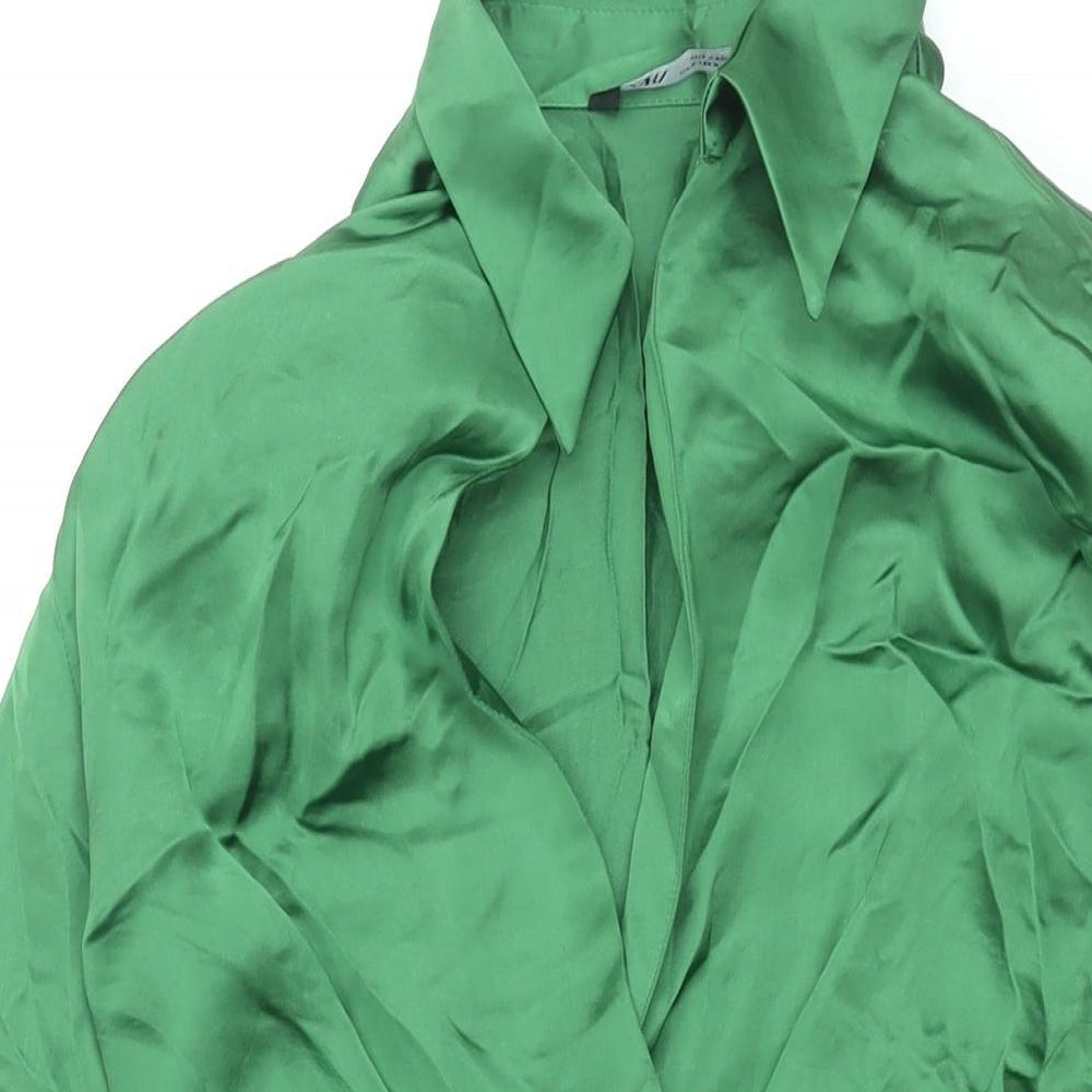 Zara Womens Green Polyester Shirt Dress Size M Collared Zip - Rouched Button