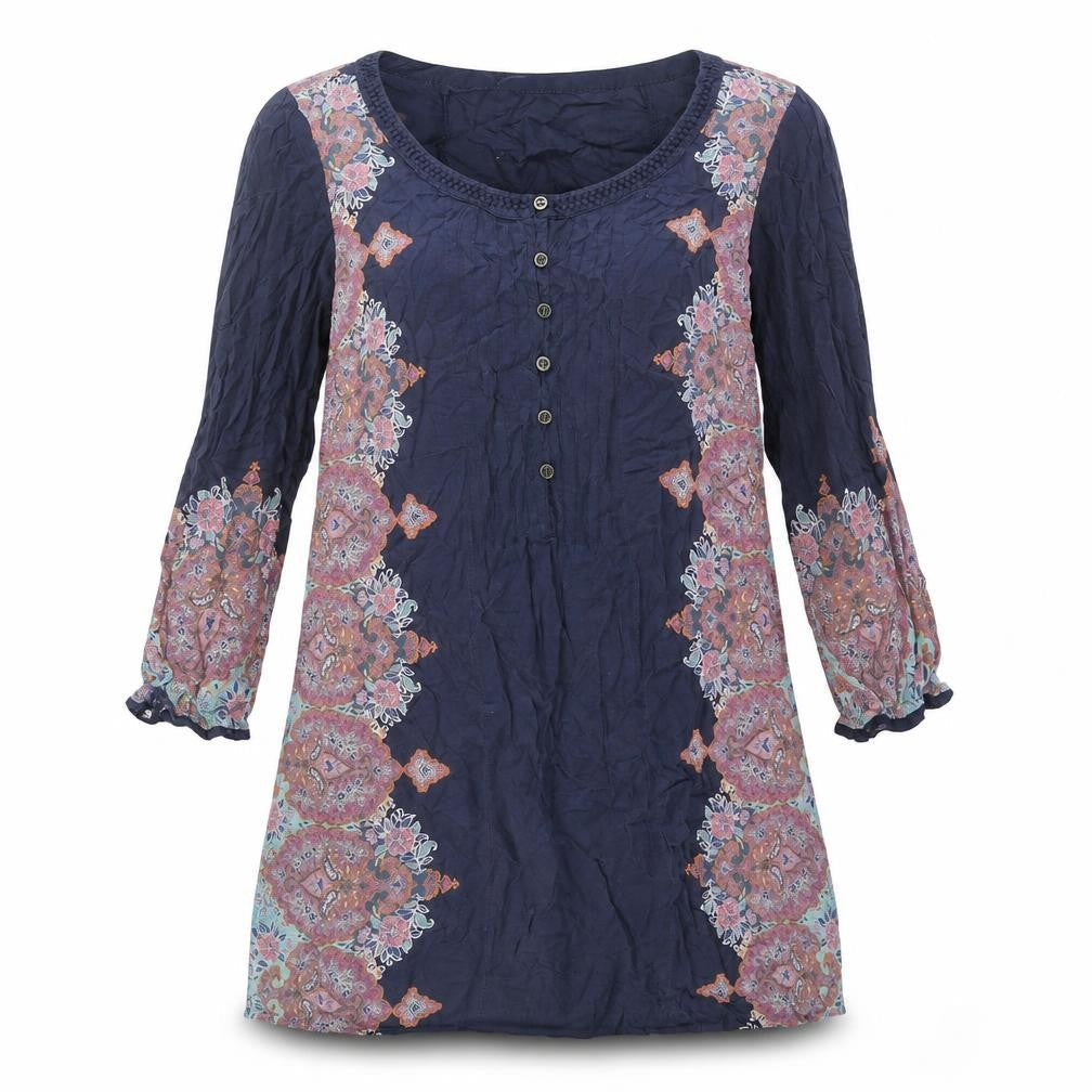 Indigo Womens Blue Modal Shift Size 12 Round Neck Button - Geometric Print