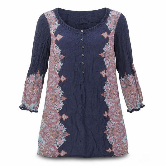 Indigo Womens Blue Modal Shift Size 12 Round Neck Button - Geometric Print