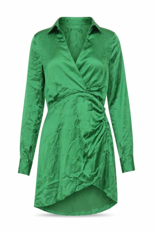 Zara Womens Green Polyester Shirt Dress Size M Collared Zip - Rouched Button