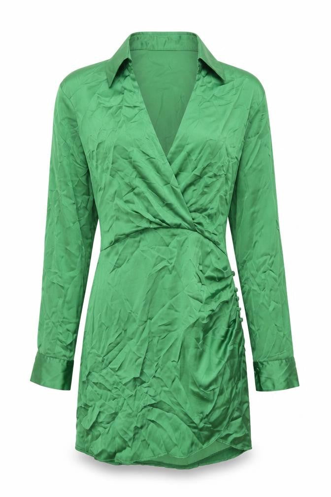 Zara Womens Green Polyester Shirt Dress Size S Collared Zip - Rouched Button