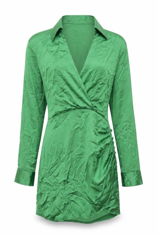 Zara Womens Green Polyester Shirt Dress Size S Collared Zip - Rouched Button