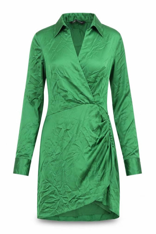 Zara Womens Gold Polyester Shirt Dress Size S Collared Zip - Rouched Button