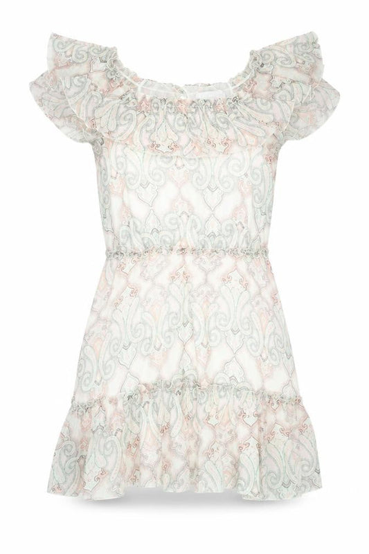 Front view of Red Herring women’s multicoloured geometric polyester shift, size UK 14, scoop neck button - frill