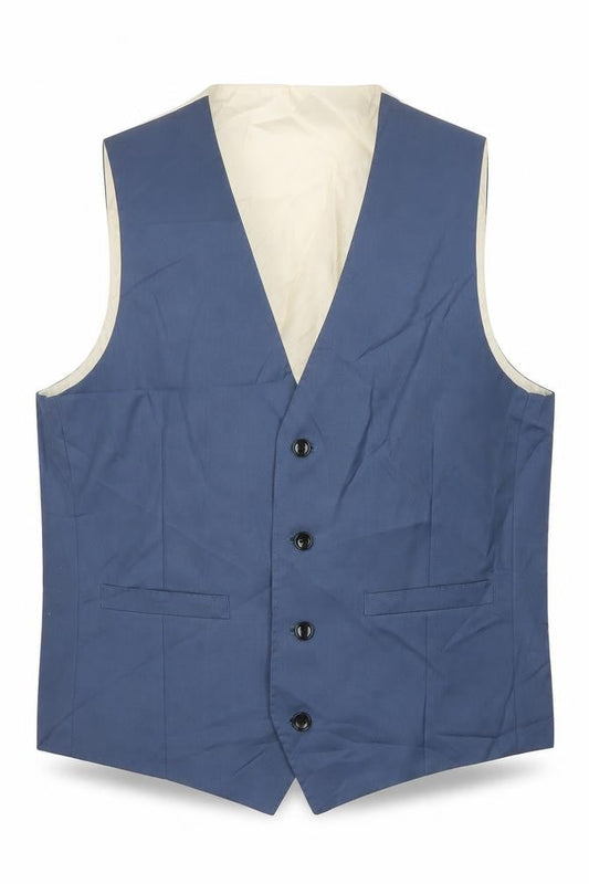 Front view of French Connection men’s blue wool jacket suit waistcoat, size M, regular