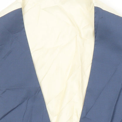 Close-up detail of French Connection men’s blue wool jacket suit waistcoat, size M, regular
