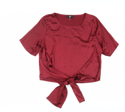 Additional front view of Missguided women’s red polyester basic blouse, size UK 12, boat neck - tie front